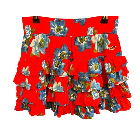 Y2K Hollister Hawaiian Tropical Red Floral Ruffled Mini Skirt SZ S Preppy Summer - Picture 1 of 6